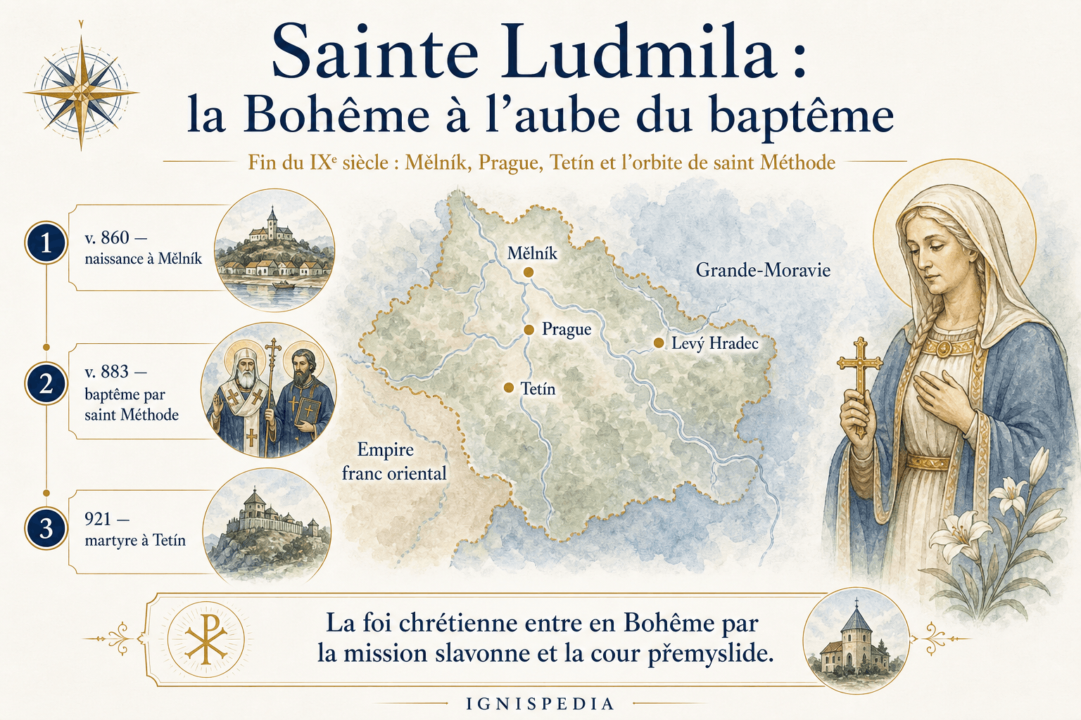 Carte historique illustrée de la Bohême přemyslide à l'époque de sainte Ludmila