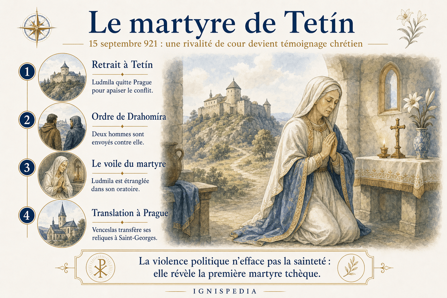 Infographie illustrant le martyre de sainte Ludmila à Tetín en 921