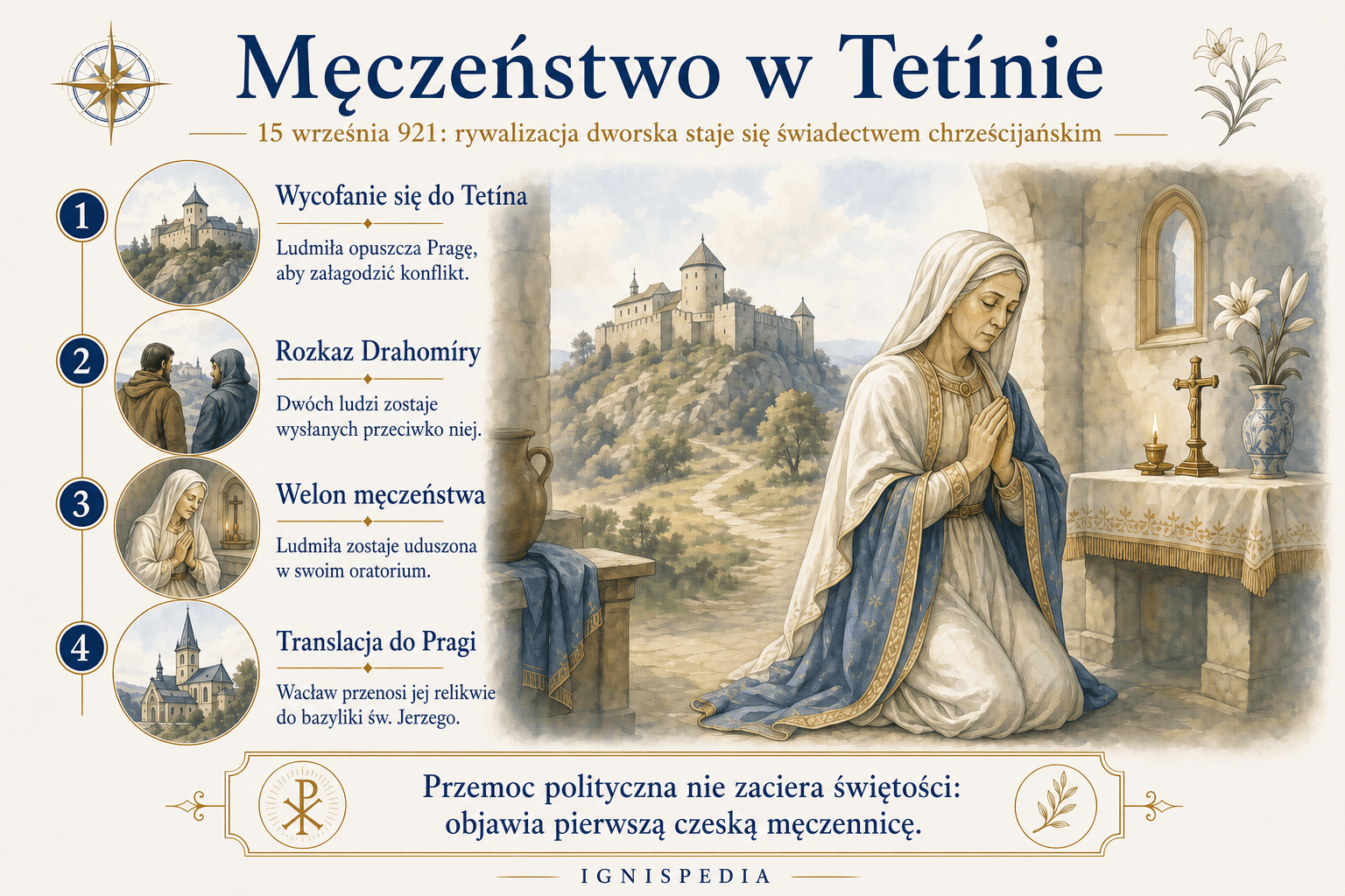 Polska infografika o męczeństwie świętej Ludmiły w Tetínie