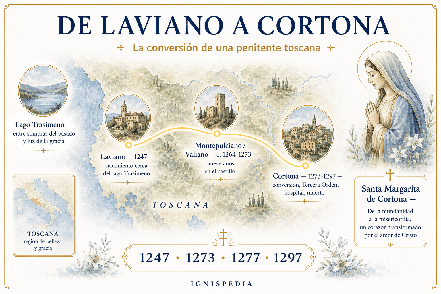 Mapa infográfico del itinerario de santa Margarita de Cortona entre Laviano, Montepulciano Valiano y Cortona