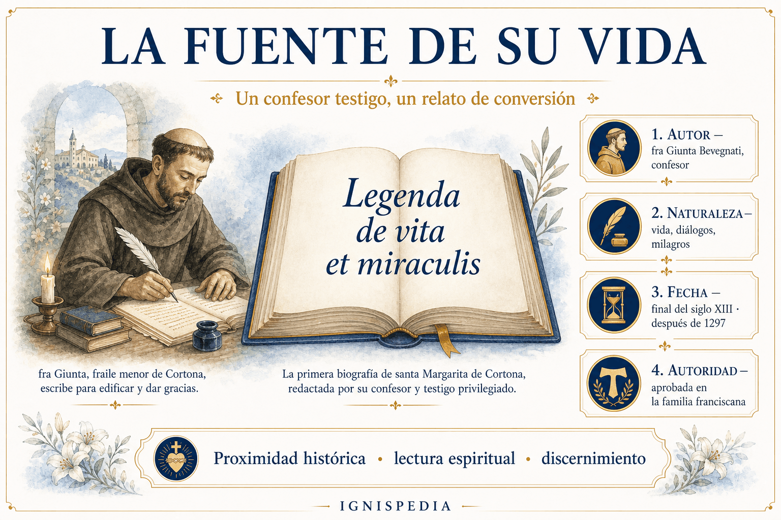 Infografía sobre la Legenda de fra Giunta Bevegnati, fuente principal para la vida de santa Margarita de Cortona