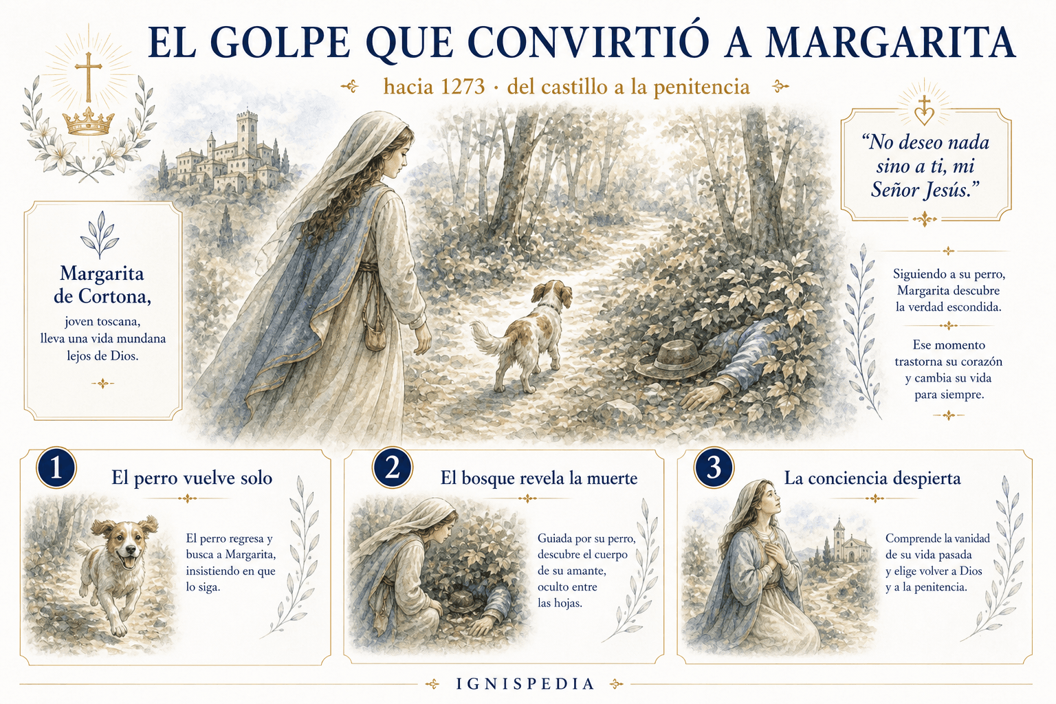 Infografía que muestra al perro conduciendo a santa Margarita de Cortona hacia el cuerpo de su amante, escena decisiva de su conversión