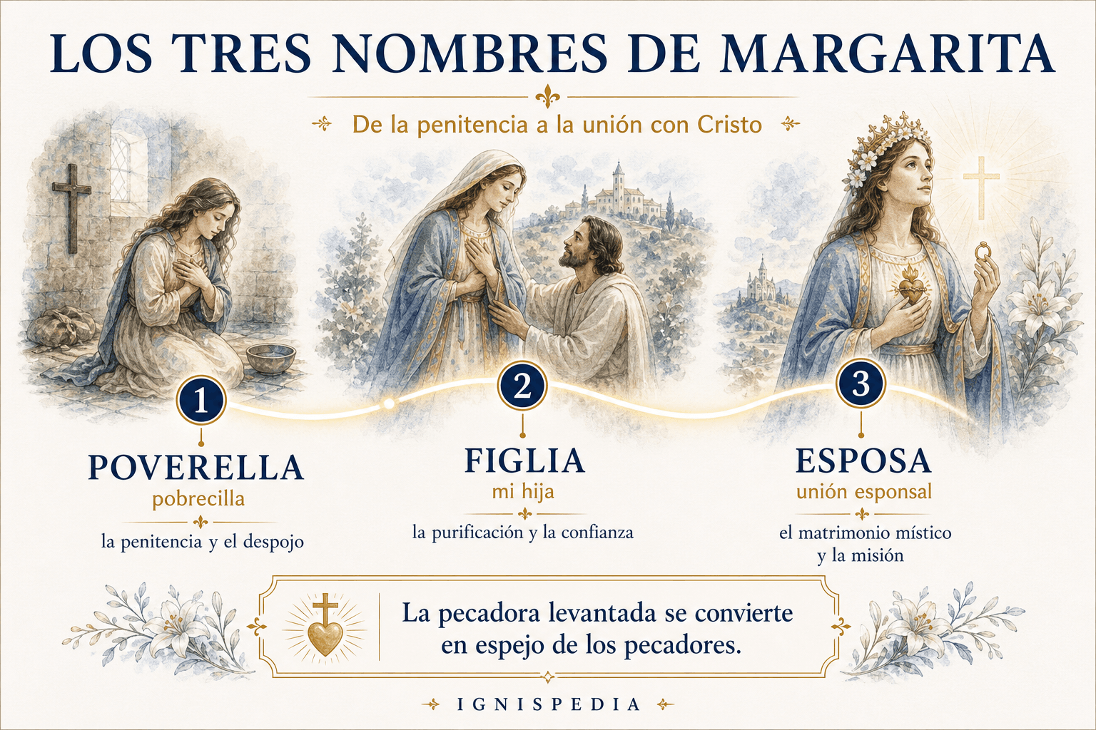 Infografía de los tres nombres espirituales de santa Margarita de Cortona: poverella, figlia, esposa
