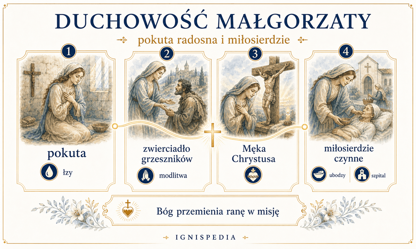 Infografika podsumowująca duchowość świętej Małgorzaty z Kortony: radosna pokuta, zwierciadło grzeszników i Męka Chrystusa