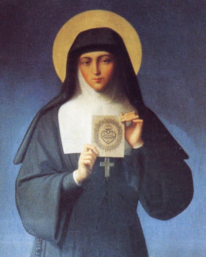 Retrato de Margarita María de Alacoque con hábito de visitandina, presentando una imagen del Sagrado Corazón