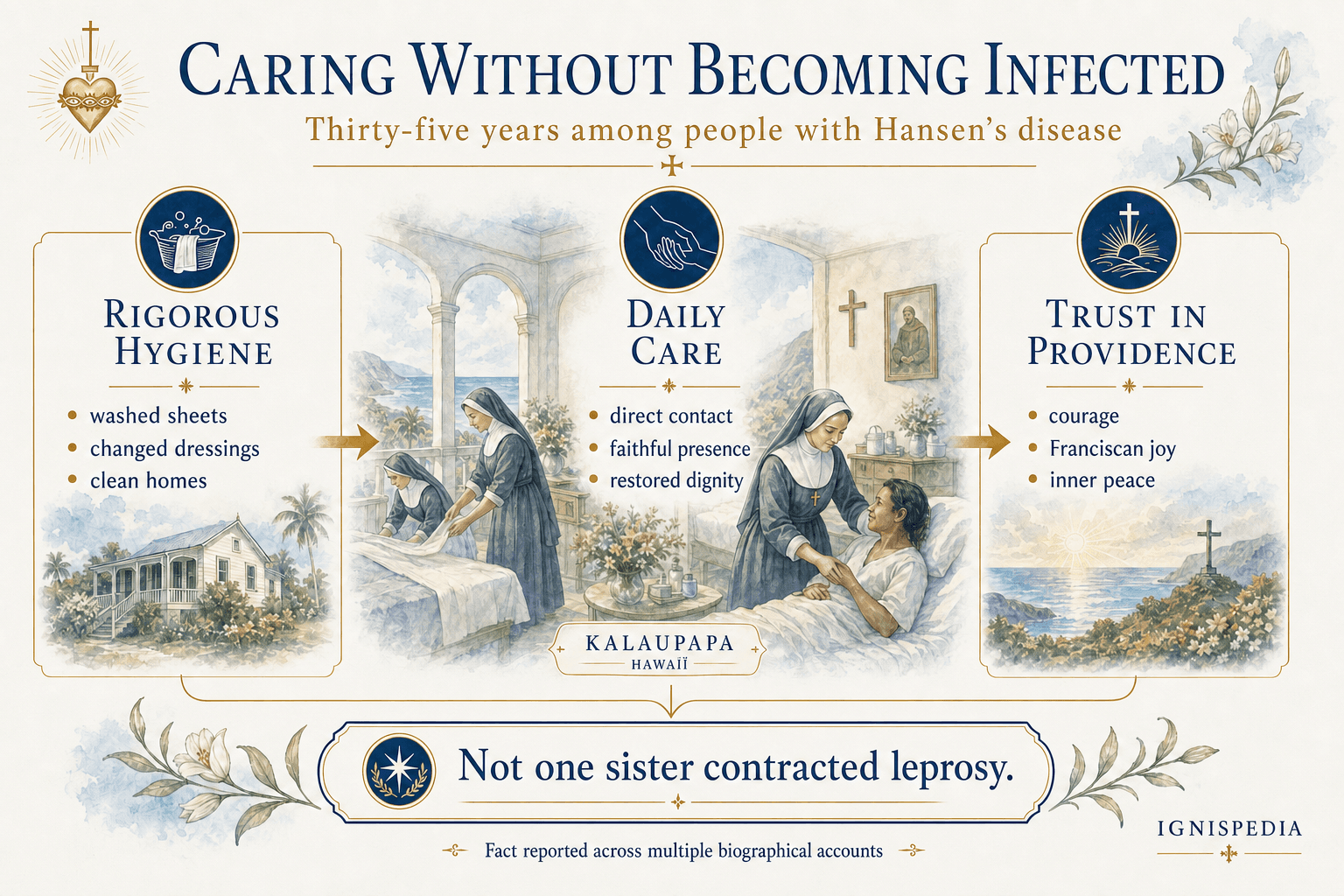 Ignispedia infographic explaining hygiene, daily care and trust in Providence among the sisters of Kalaupapa