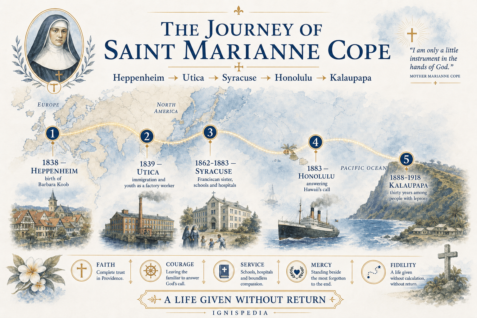 Ignispedia infographic tracing Saint Marianne Cope’s journey from Heppenheim to Kalaupapa