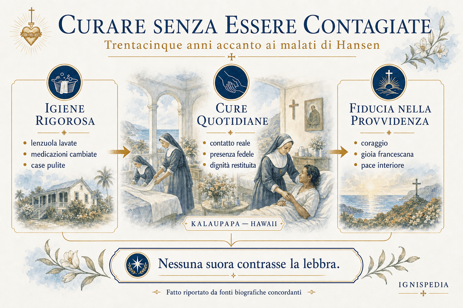 Infografica Ignispedia sull'igiene, le cure quotidiane e la fiducia nella Provvidenza delle suore di Kalaupapa