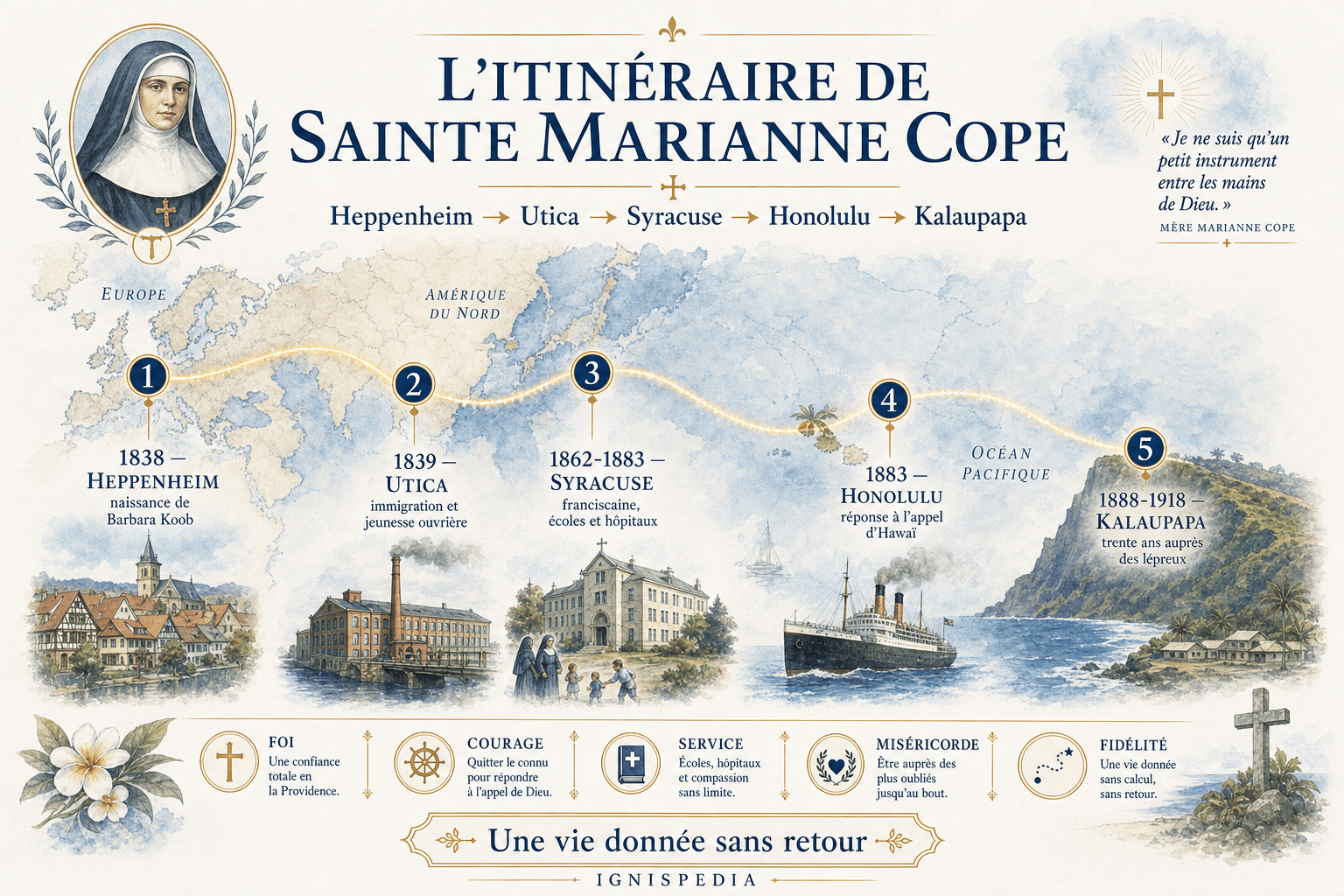 Infographie Ignispedia montrant l'itinéraire de sainte Marianne Cope de Heppenheim à Kalaupapa