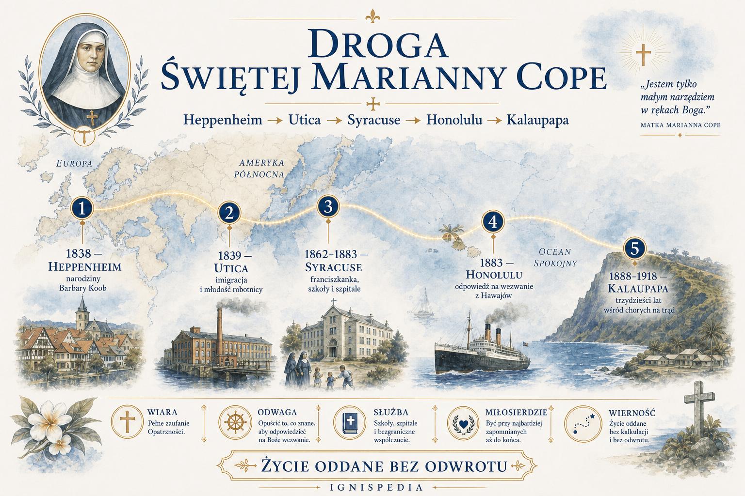 Infografika Ignispedia przedstawiająca drogę świętej Marianny Cope z Heppenheim do Kalaupapa