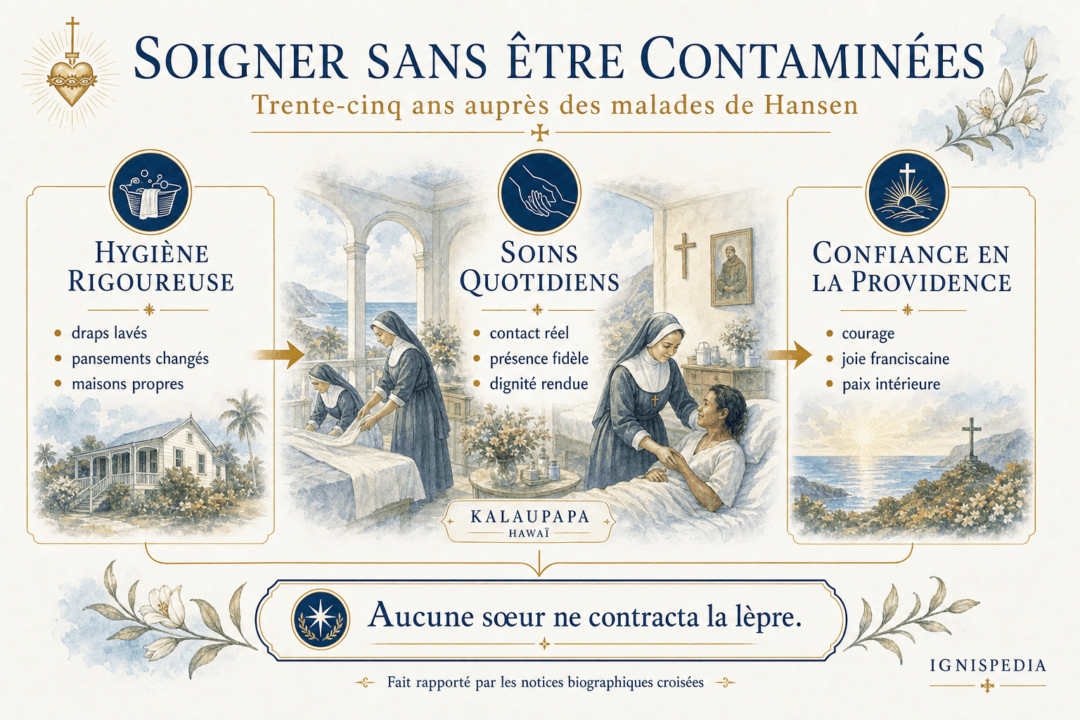Infographie Ignispedia expliquant l'hygiène, les soins quotidiens et la confiance en la Providence chez les sœurs de Kalaupapa