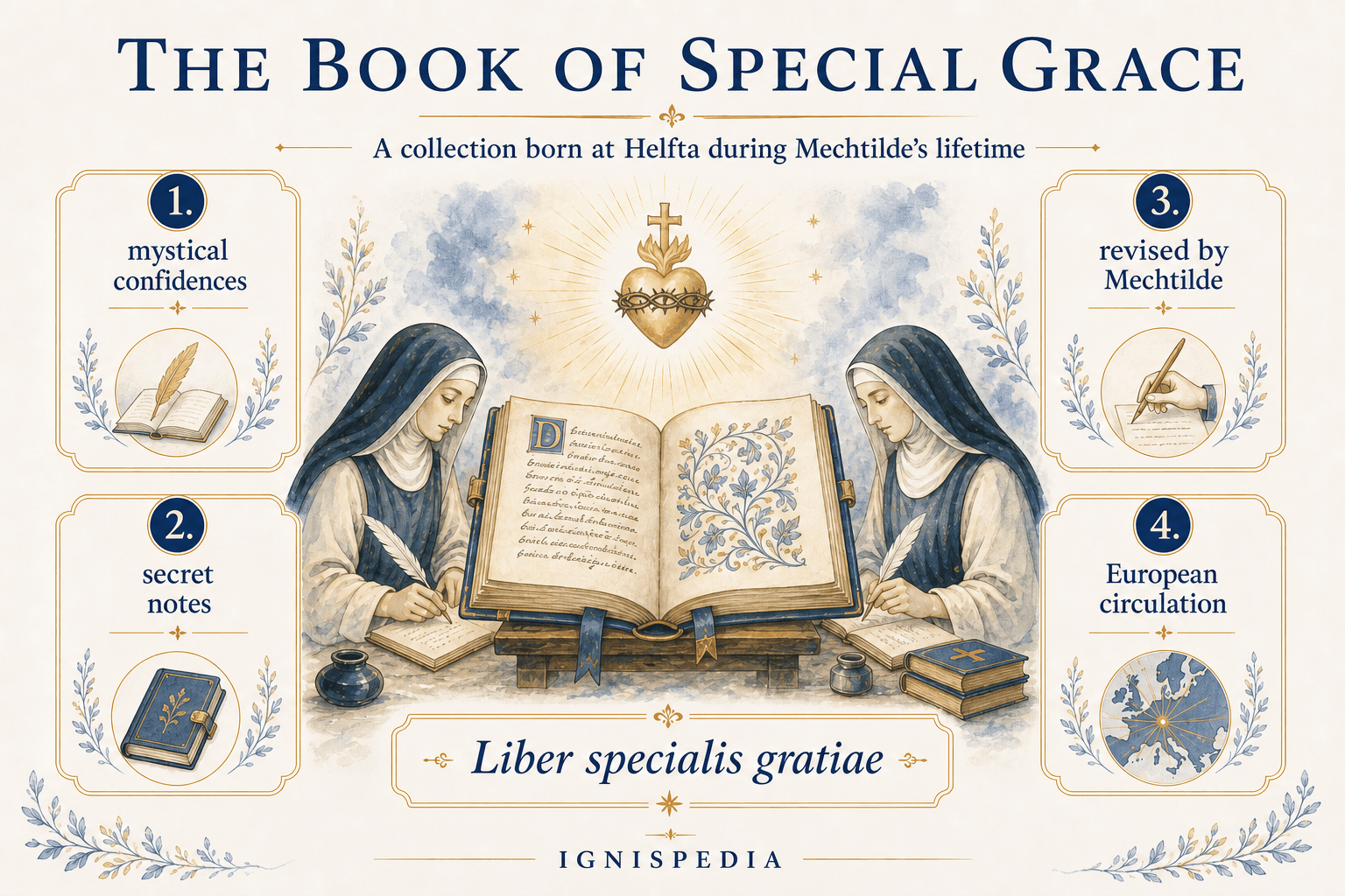 Infographic on the genesis of the Book of Special Grace, from mystical confidences to its European dissemination.