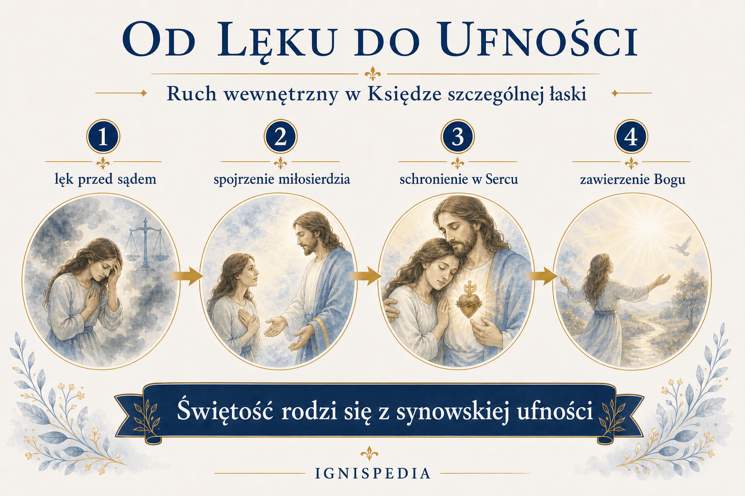 Infografika ukazująca przejście od lęku przed sądem do ufności synowskiej w duchowości św. Mechtyldy.