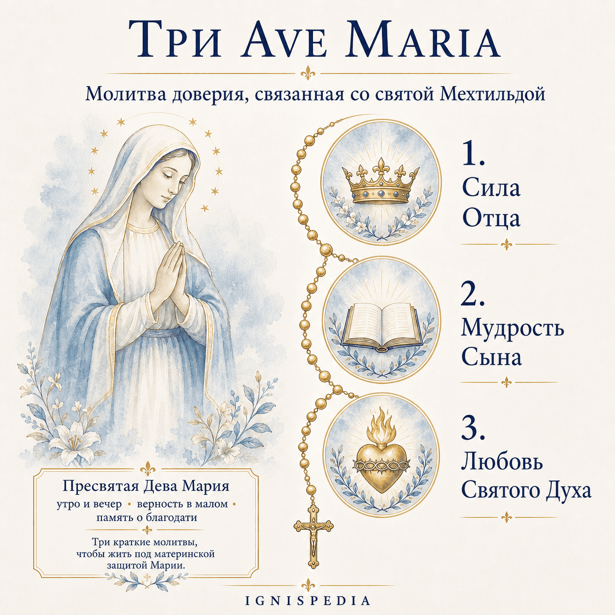 Инфографика о традиции трёх Радуйся, Мария, связанной со святой Мехтильдой: сила Отца, мудрость Сына и любовь Святого Духа.