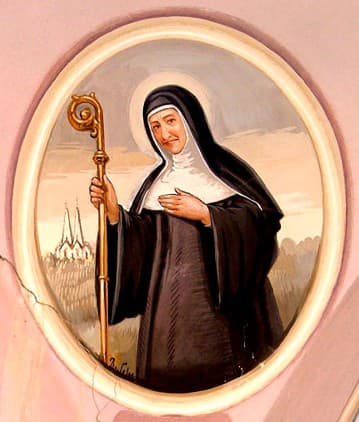Rappresentazione di santa Mechtilde di Hackeborn che tiene un cuore, affresco conservato su Wikimedia Commons.