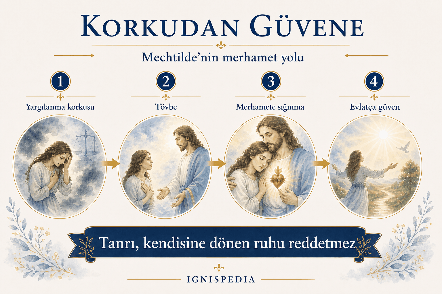 Yargılanma korkusundan Aziz Mechtilde'nin maneviyatına duyulan evlat güvenine geçişi gösteren infografik.
