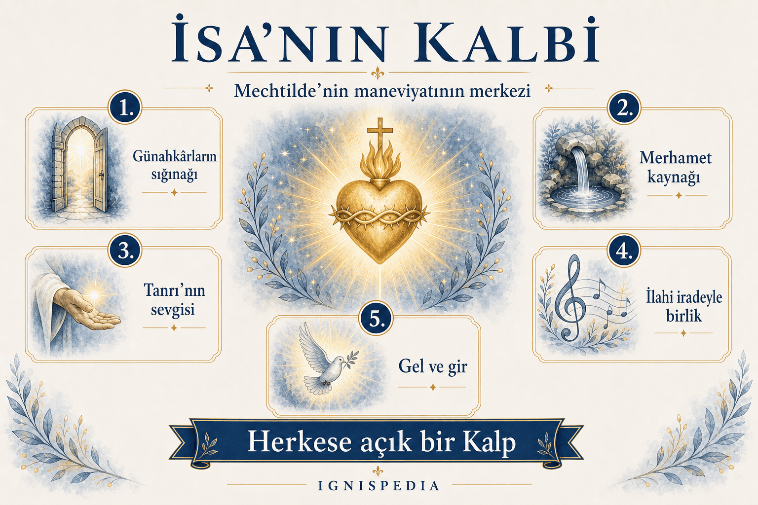 Saint Mechtilde'deki İsa'nın Kalbinin beş eksenine ilişkin infografik: sığınak, merhamet, güven, övgü ve Tanrı'nın iradesi.