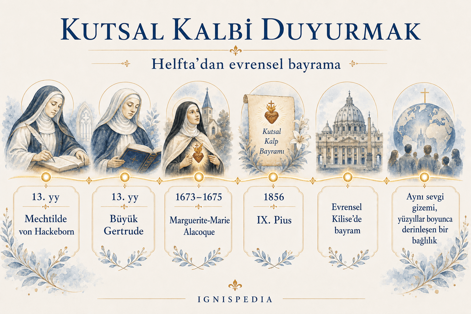 Mechtilde de Hackeborn, Büyük Gertrude, Paray-le-Monial ve Kutsal Kalp Bayramı'nın evrensel Kilise'ye genişletilmesini birbirine bağlayan infografik friz.