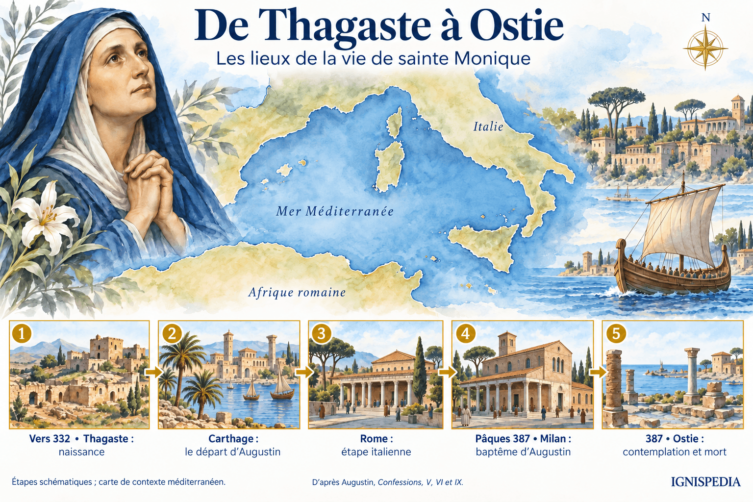 Les lieux de la vie de Monique : Thagaste, Carthage, Rome, Milan et Ostie