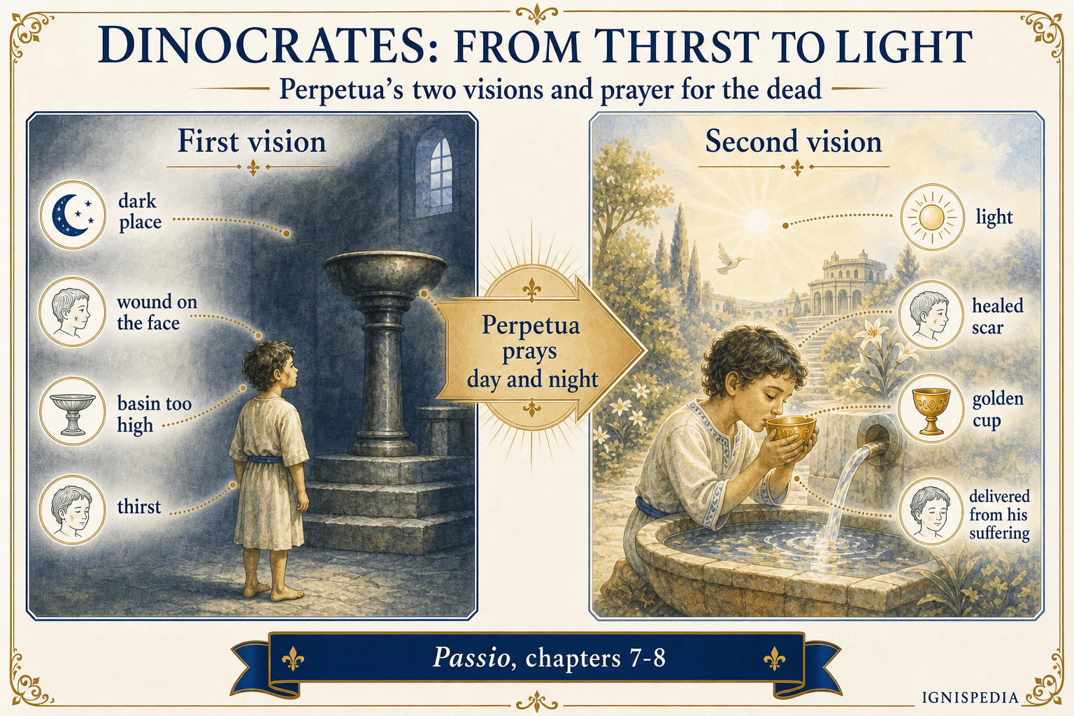 Diptych infographic of Saint Perpetua's two visions of Dinocrates