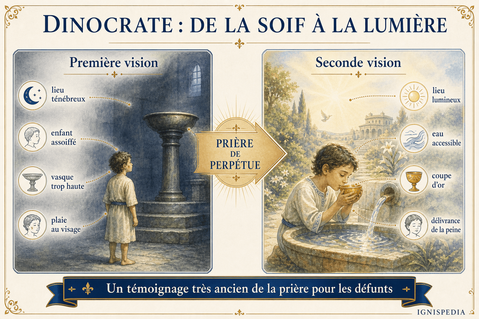 Diptyque infographique des deux visions de Dinocrate par sainte Perpétue