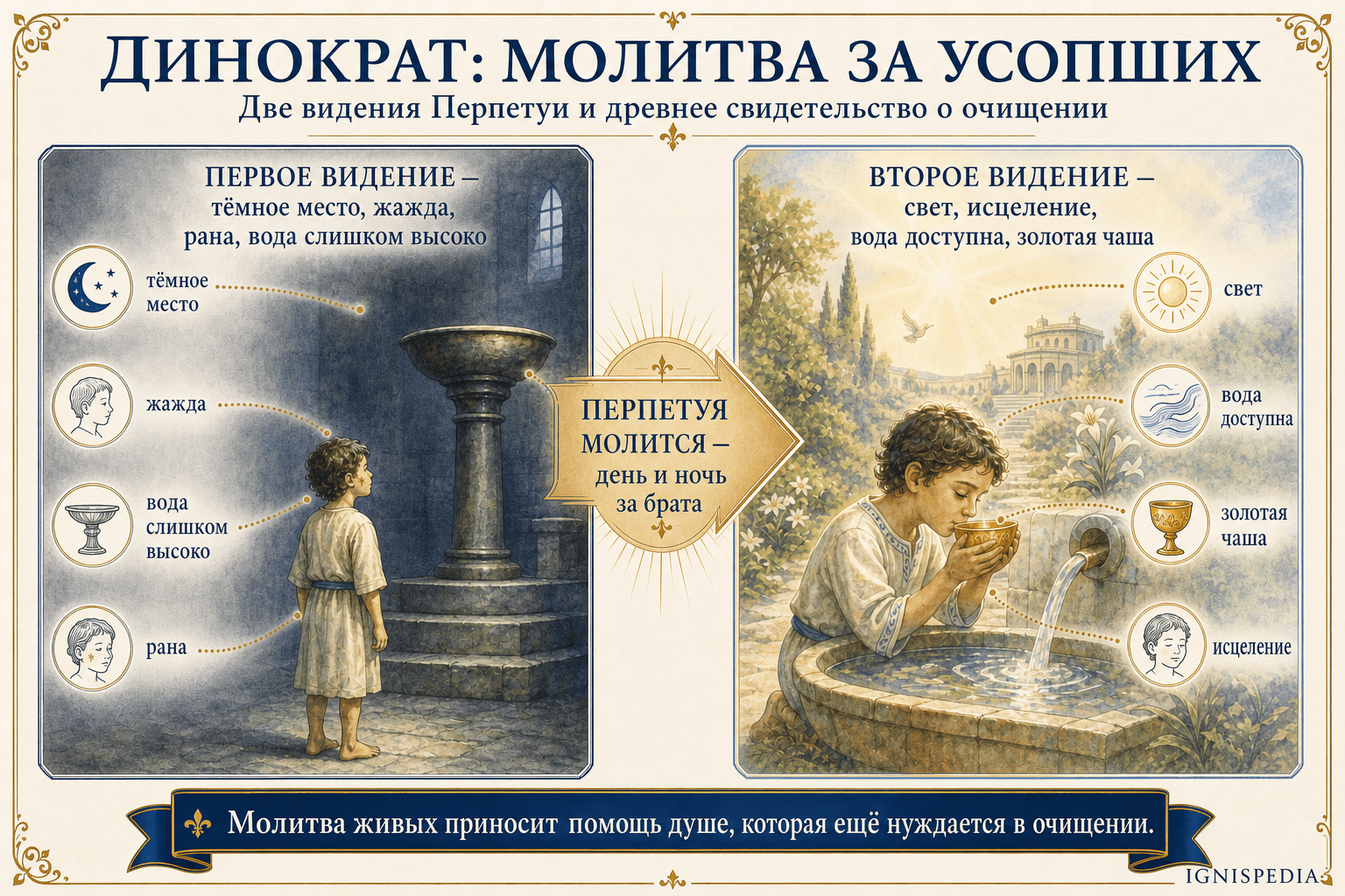 Диптих инфографики двух видений Динократа святой Перпетуей