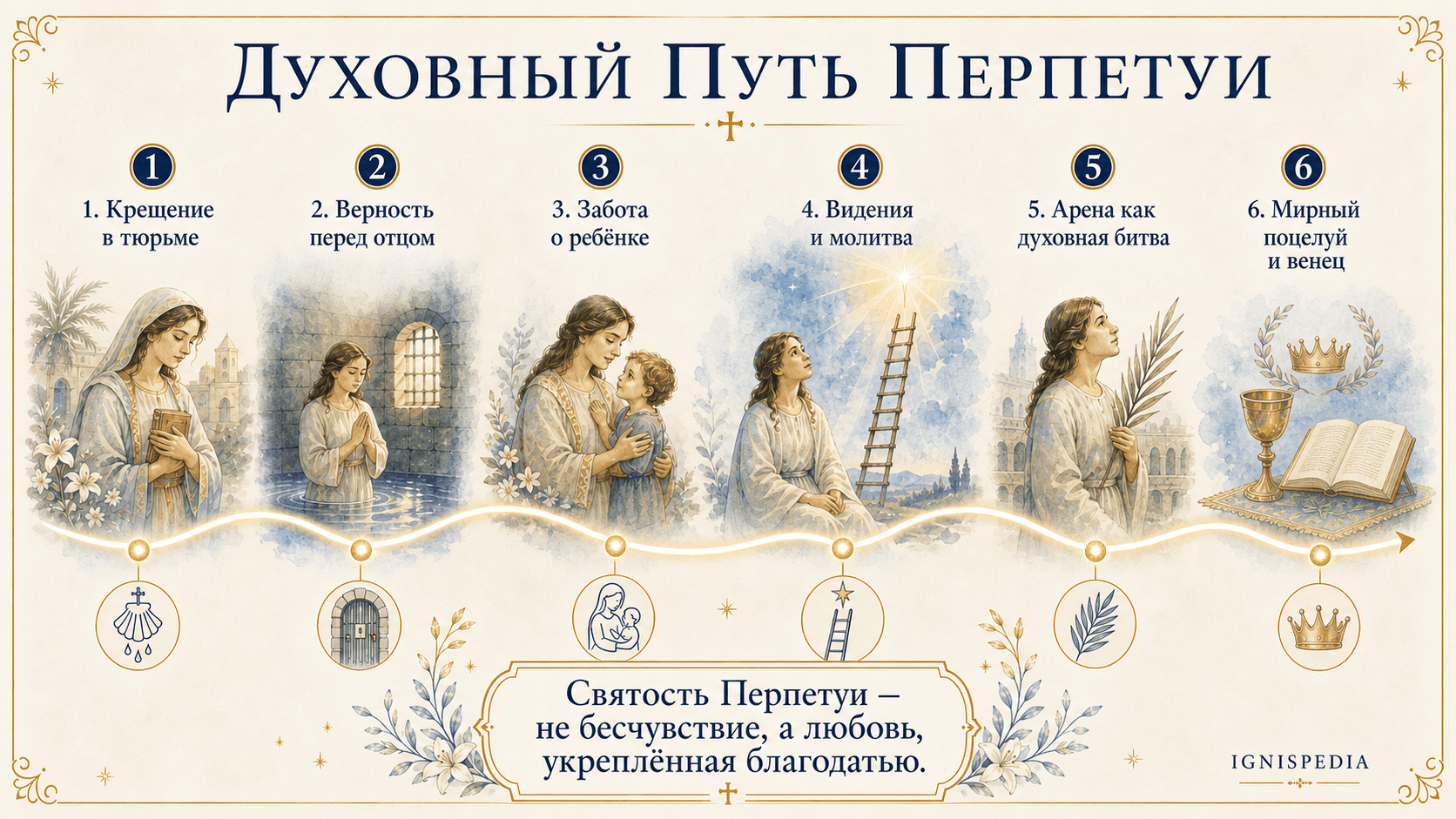 Инфографика духовного пути святой Перпетуи от катехумена до литургического почитания