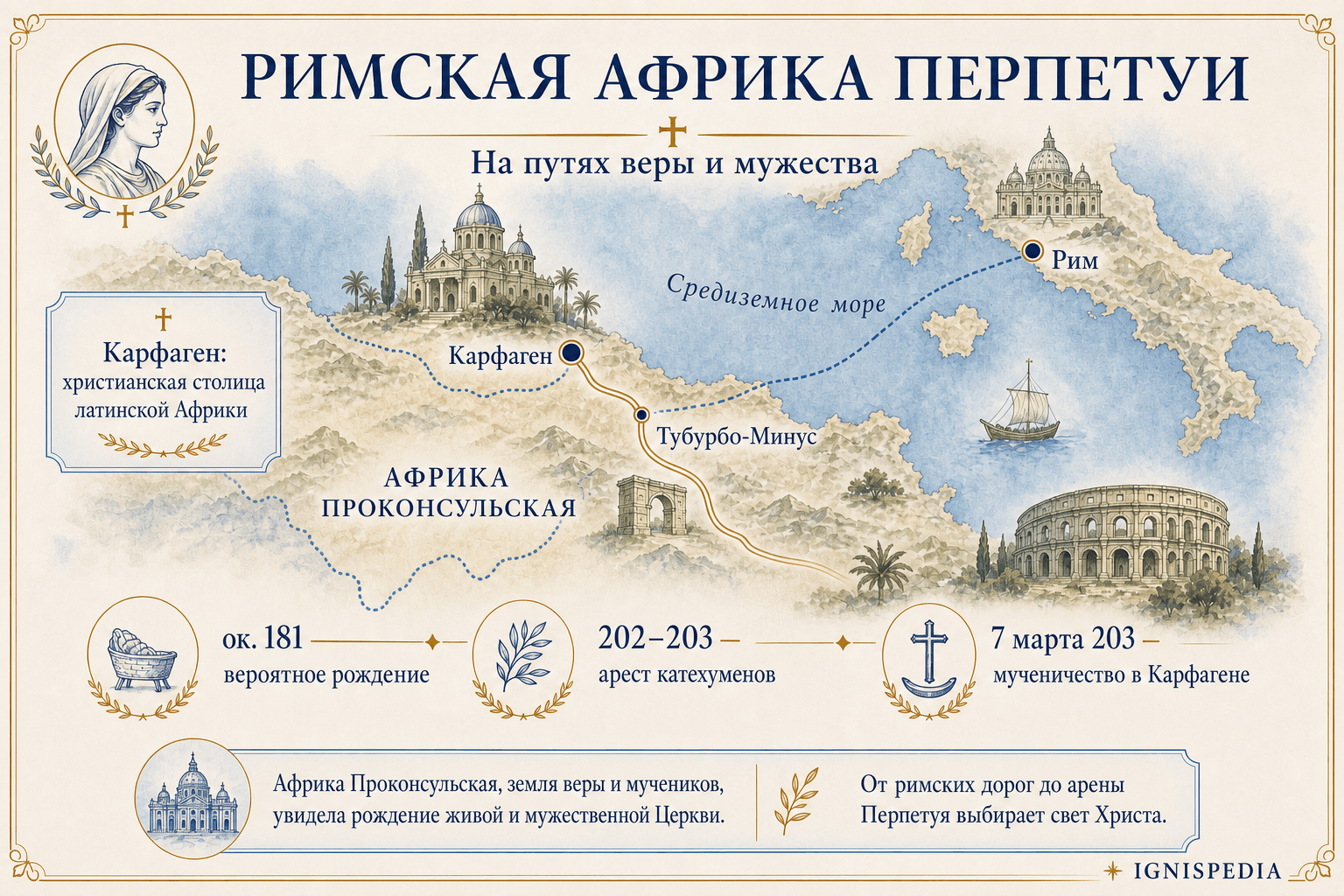 Инфографическая карта римской Африки Перпетуи с Карфагеном, Тубурбо Минора, Римом и Средиземным морем