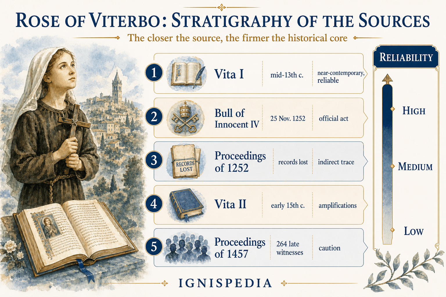 Infographic showing the stratigraphy of the sources on Saint Rose of Viterbo