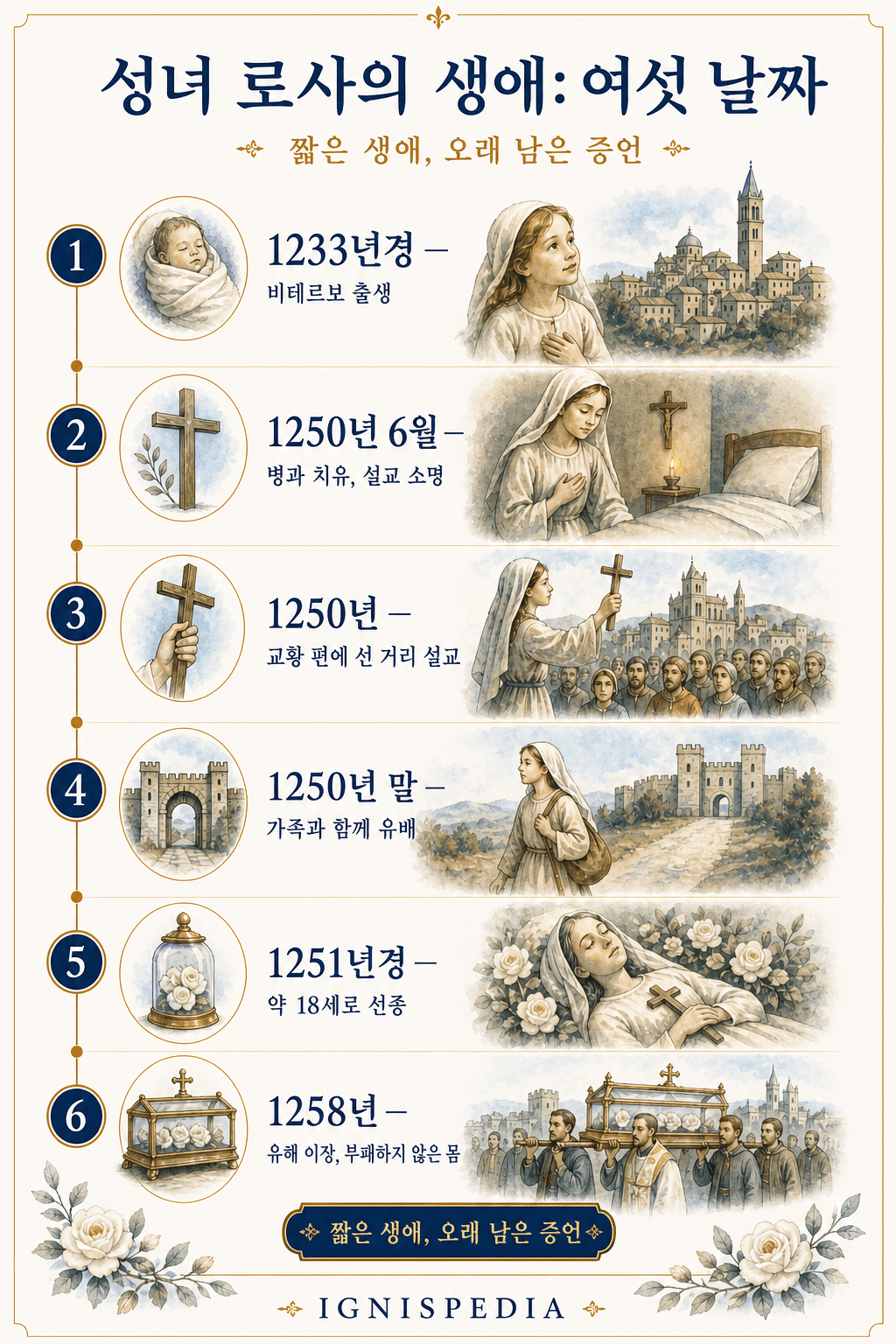 성녀 로사의 생애를 여섯 개의 주요 연도로 나타낸 연대표