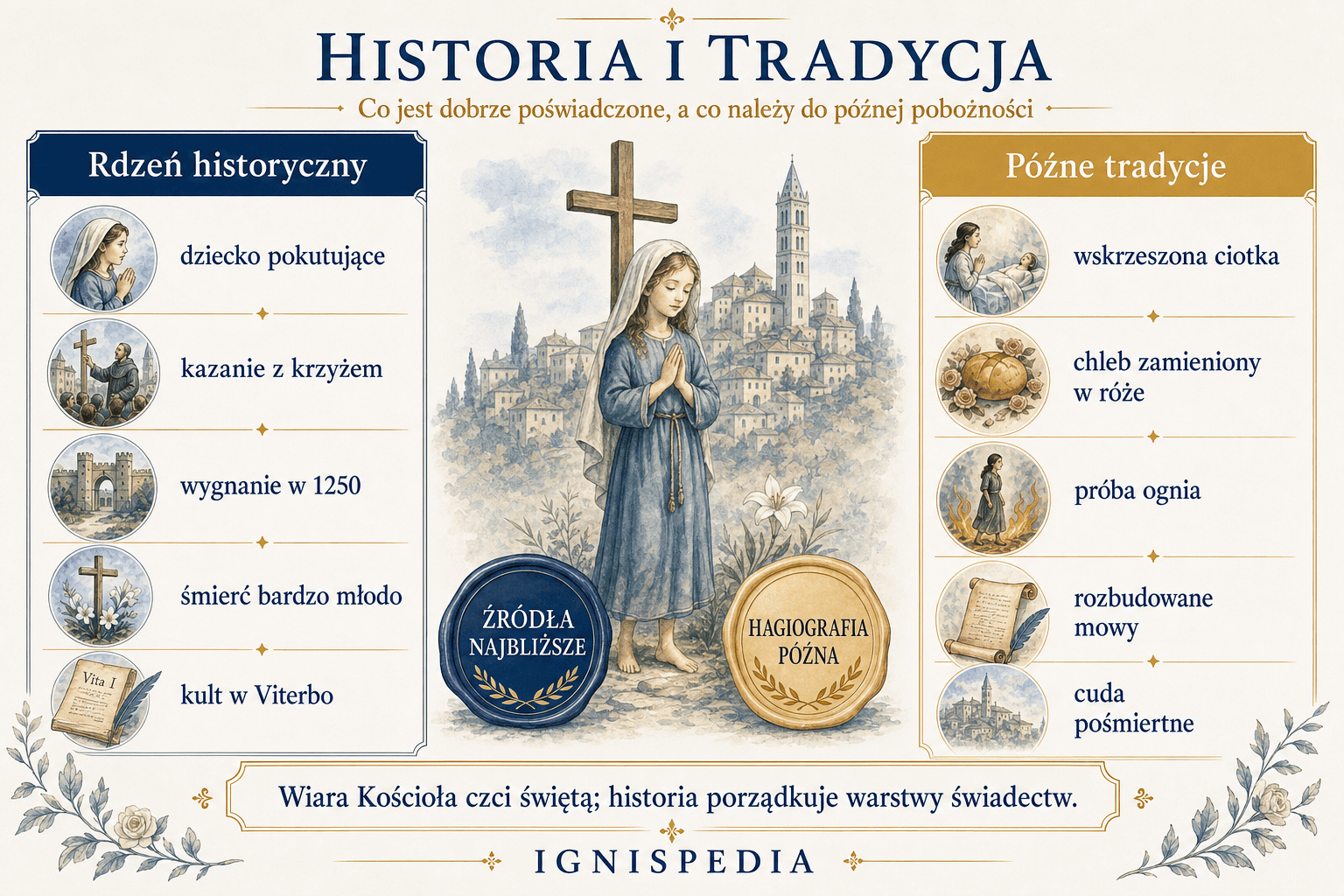 Infografika rozróżniająca jądro historyczne i pobożne tradycje dotyczące świętej Róży z Viterbo