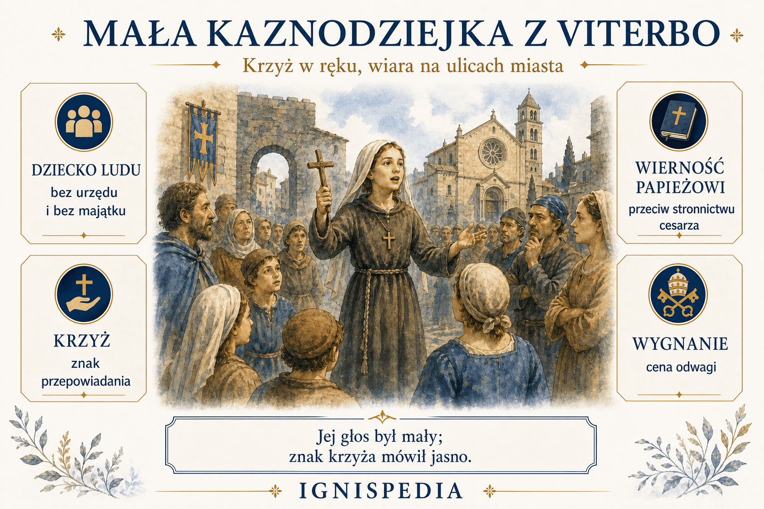 Infografika narracyjna przedstawiająca św. Różę z Viterbo głoszącą kazanie z krzyżem w ręku na ulicach Viterbo