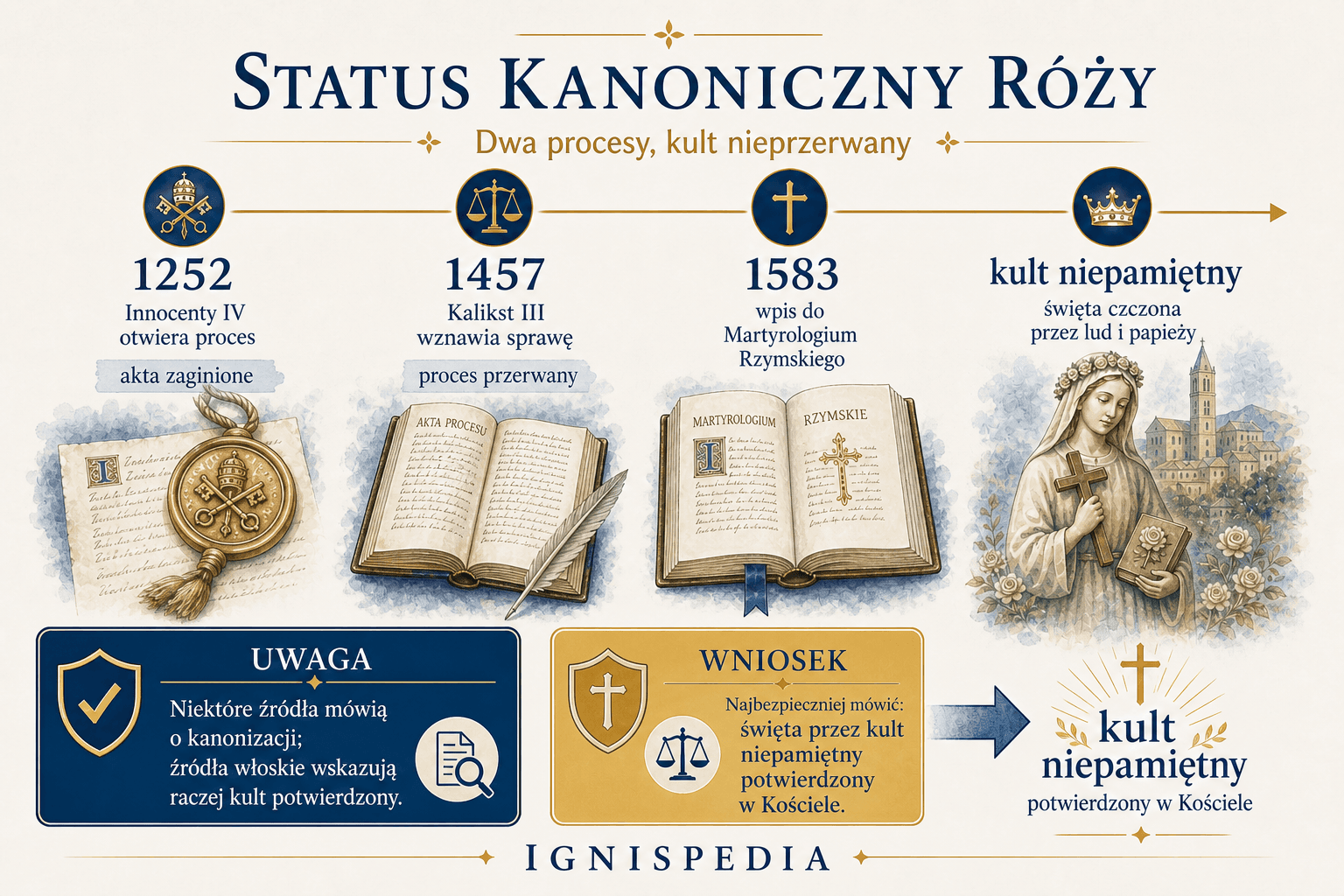 Infografika dotycząca procesów kanonizacyjnych i nieustającego kultu świętej Róży z Viterbo