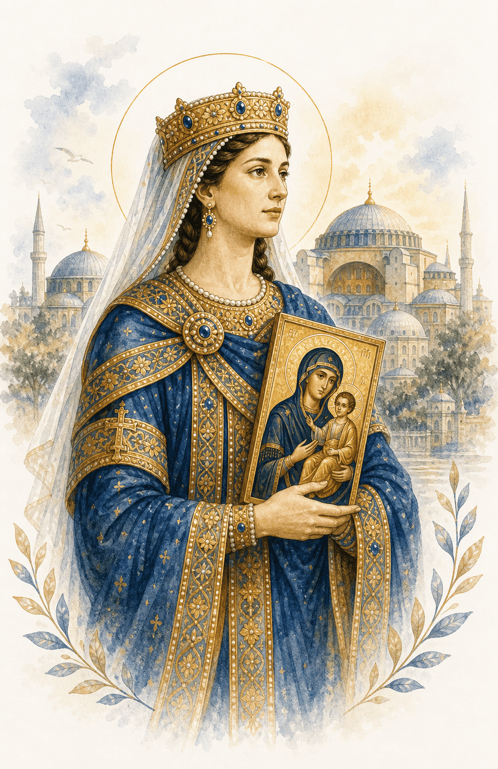 Illustration aquarelle de sainte Théodora l'Impératrice tenant une icône de la Vierge à l'Enfant devant Constantinople