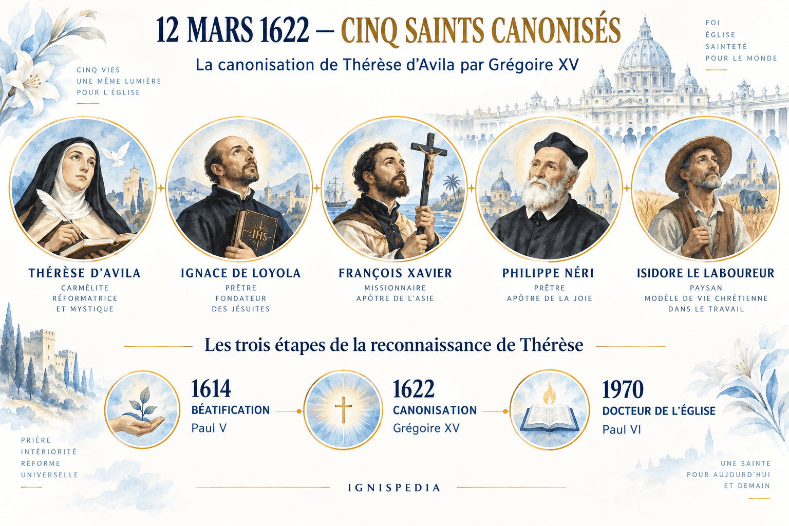 Les cinq saints canonisés en 1622 et les étapes de la reconnaissance de Thérèse d’Avila