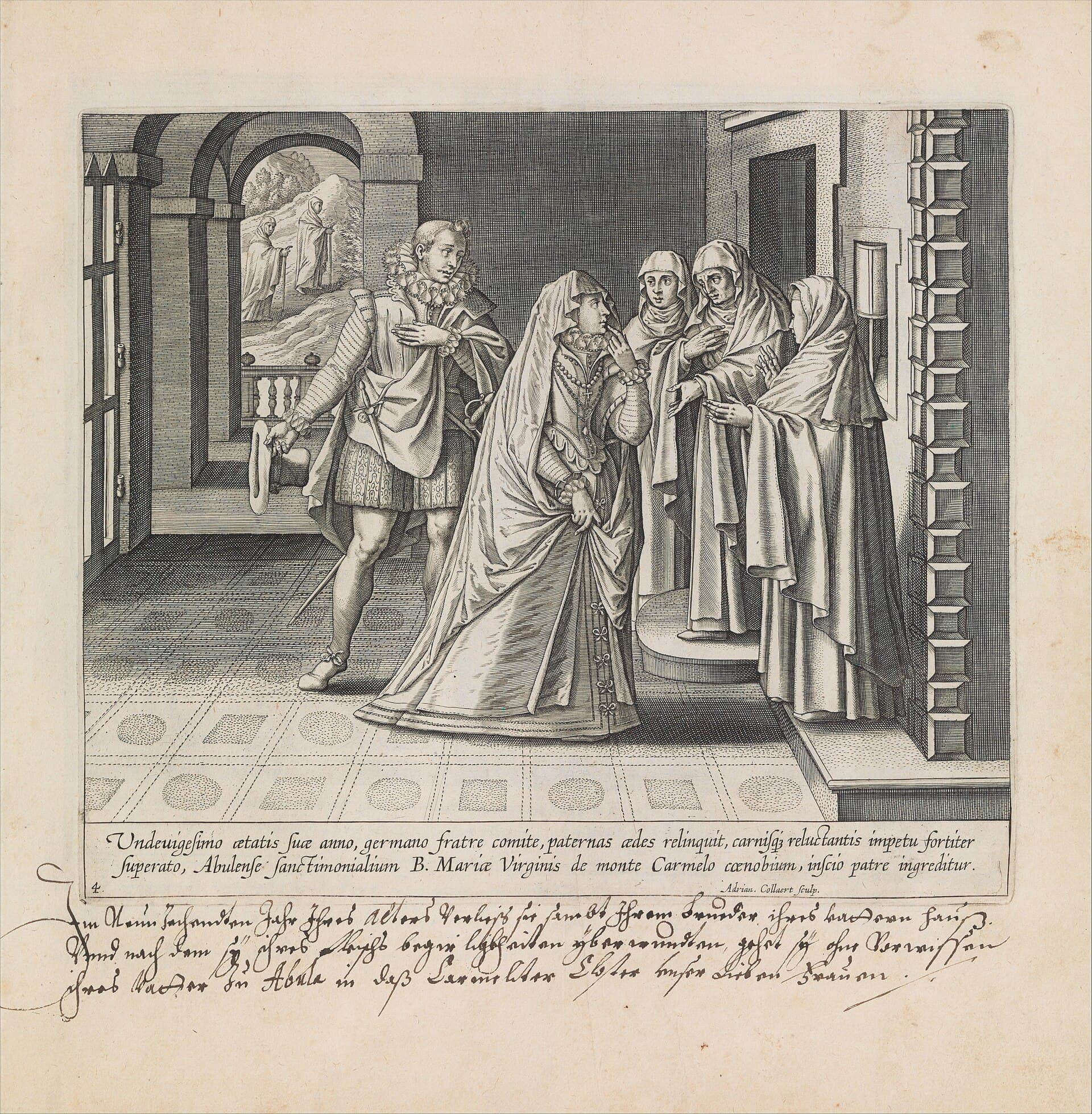 Teresa beim Eintritt in den Karmel der Menschwerdung in Ávila, Stich von 1613