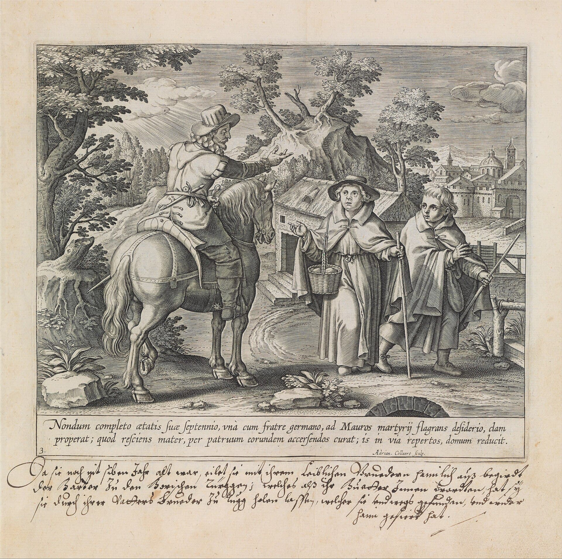 Teresa und Rodrigo, als Kinder vom Onkel auf dem Weg aufgehalten, Stich von 1613