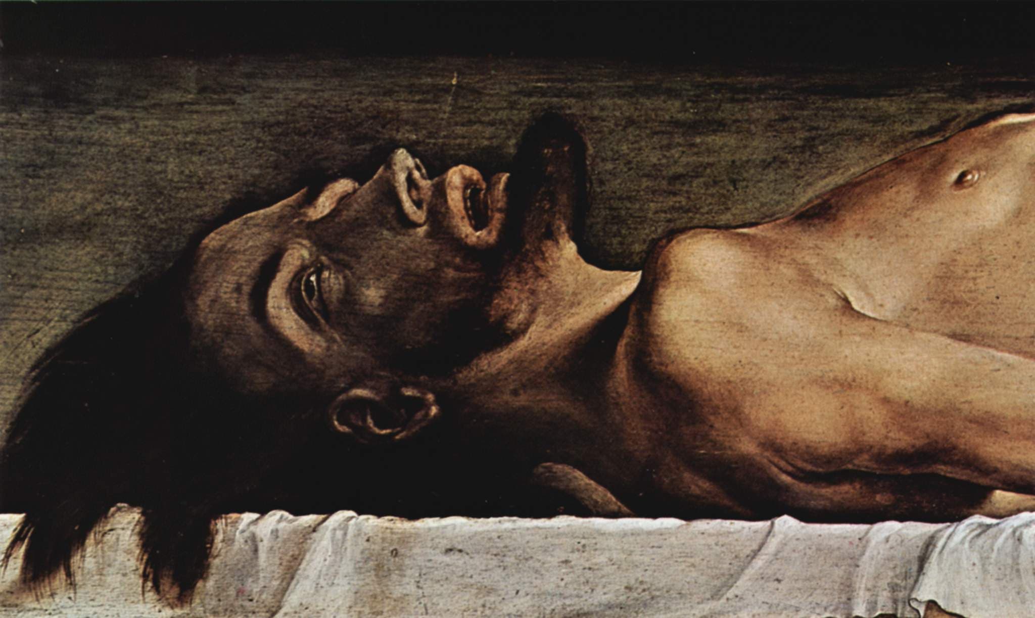 Detail des Gesichts des ruhenden Christus im Grab, gemalt von Hans Holbein dem Jüngeren.
