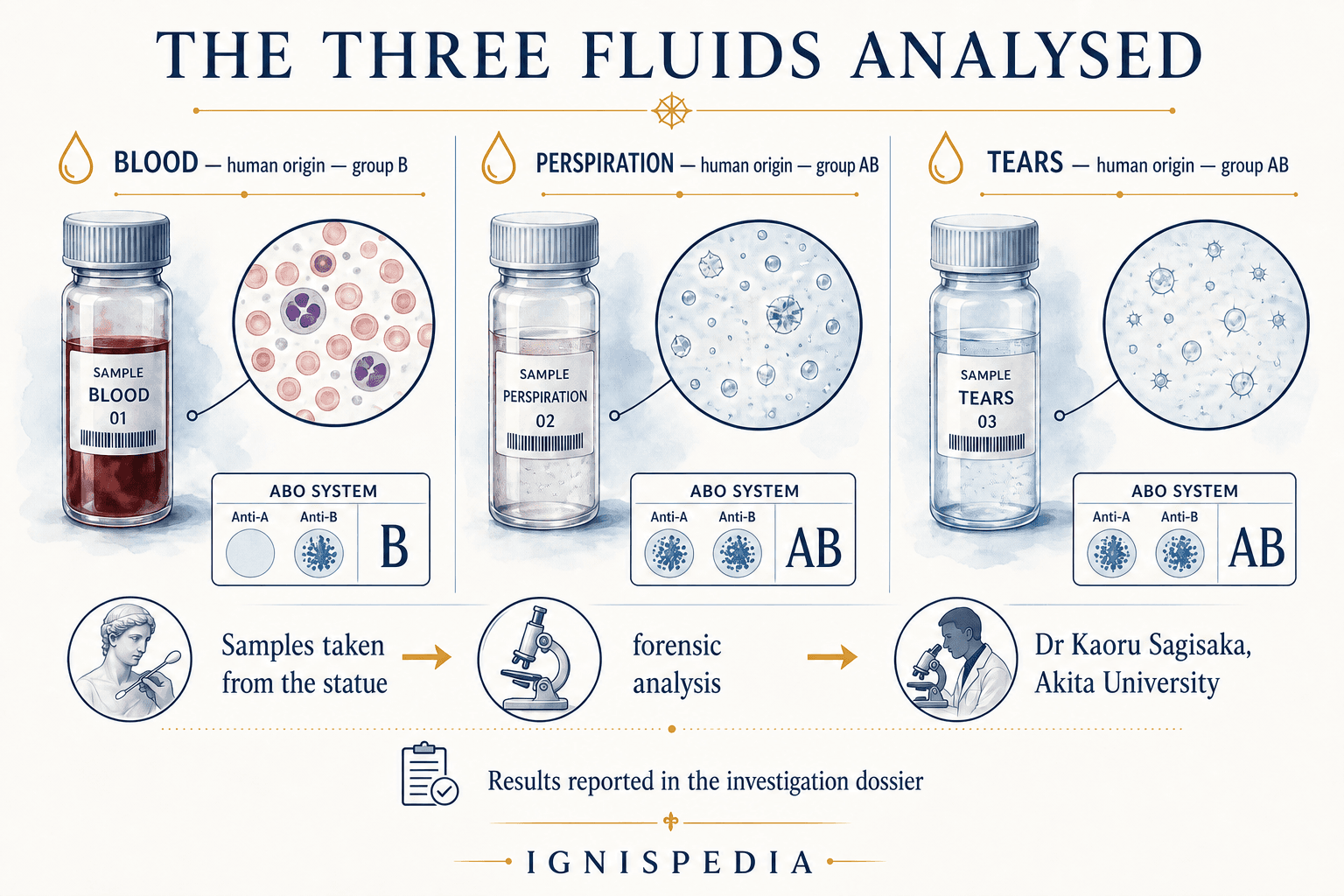 Forensic diagram of the three fluids reported on the Akita statue: group B blood, and group AB perspiration and tears