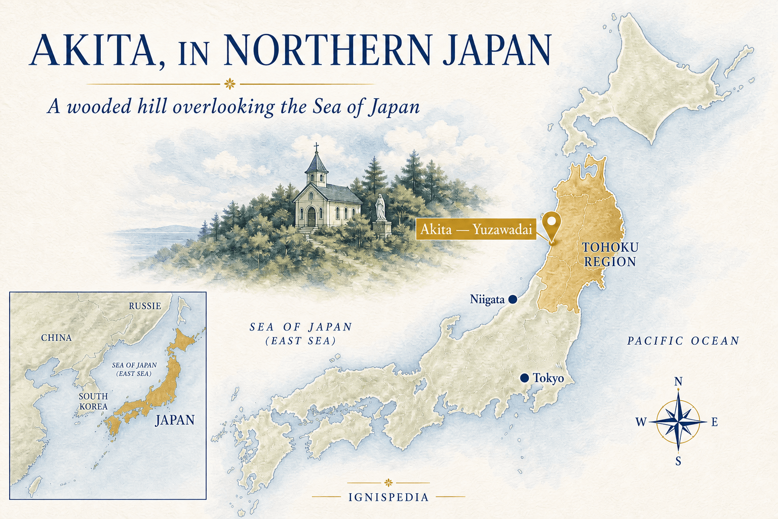 Map of Japan locating Akita and Yuzawadai in the Tōhoku region, with Tokyo and Niigata as reference points