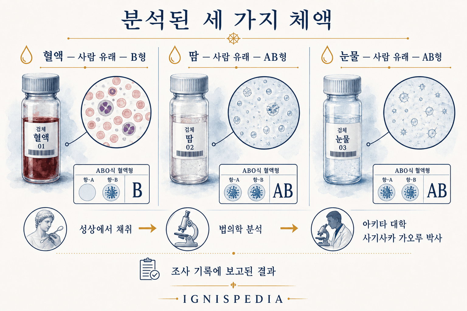 아키타 성모상에서 보고된 세 가지 체액의 법의학적 도식: B형 혈액, AB형 땀과 눈물