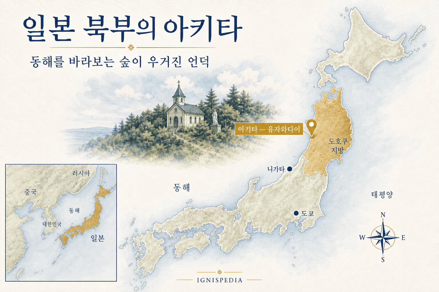 도호쿠 지방에서 아키타와 유자와다이의 위치를 나타낸 일본 지도, 도쿄와 니가타가 기준점으로 표시됨