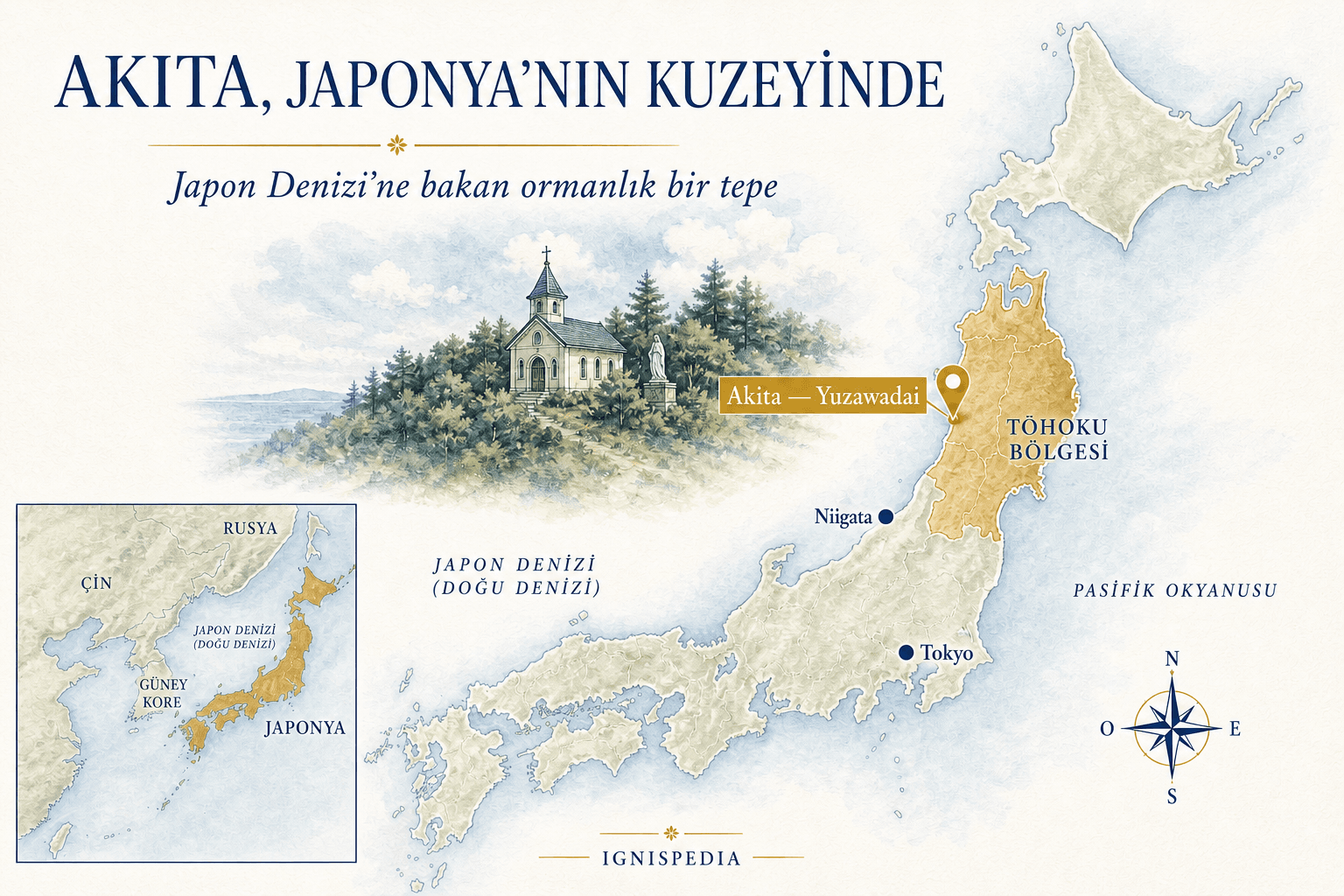 Japonya haritası, Akita ve Yuzawadai'nın Tōhoku bölgesindeki konumunu, Tokyo ve Niigata referans noktalarıyla gösteriyor