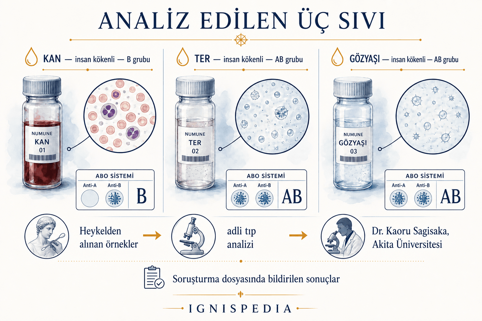 Akita’daki heykel üzerinde tespit edilen üç sıvının adli tıp şeması: B grubu kan, AB grubu ter ve gözyaşı