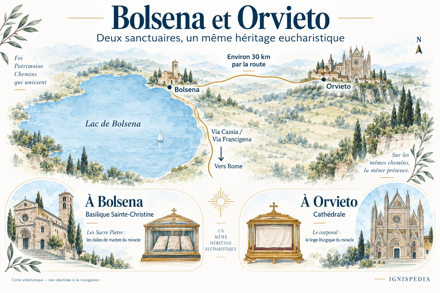 Posizione schematica di Bolsena, del suo lago, della Via Francigena e di Orvieto