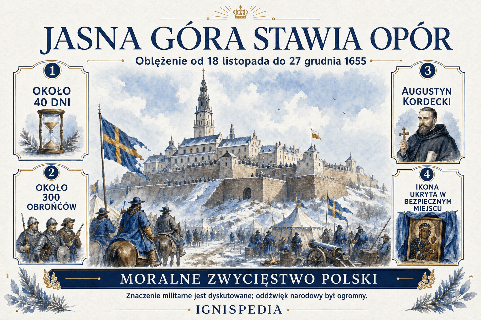 Infografika o oblężeniu Jasnej Góry w 1655 roku i obronie pod wodzą Augustyna Kordeckiego
