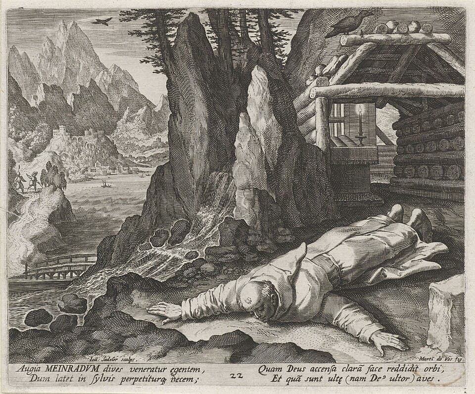 Meinrad vor seiner Einsiedelei, mit einem Raben auf dem Dach, in einem Kupferstich von 1594