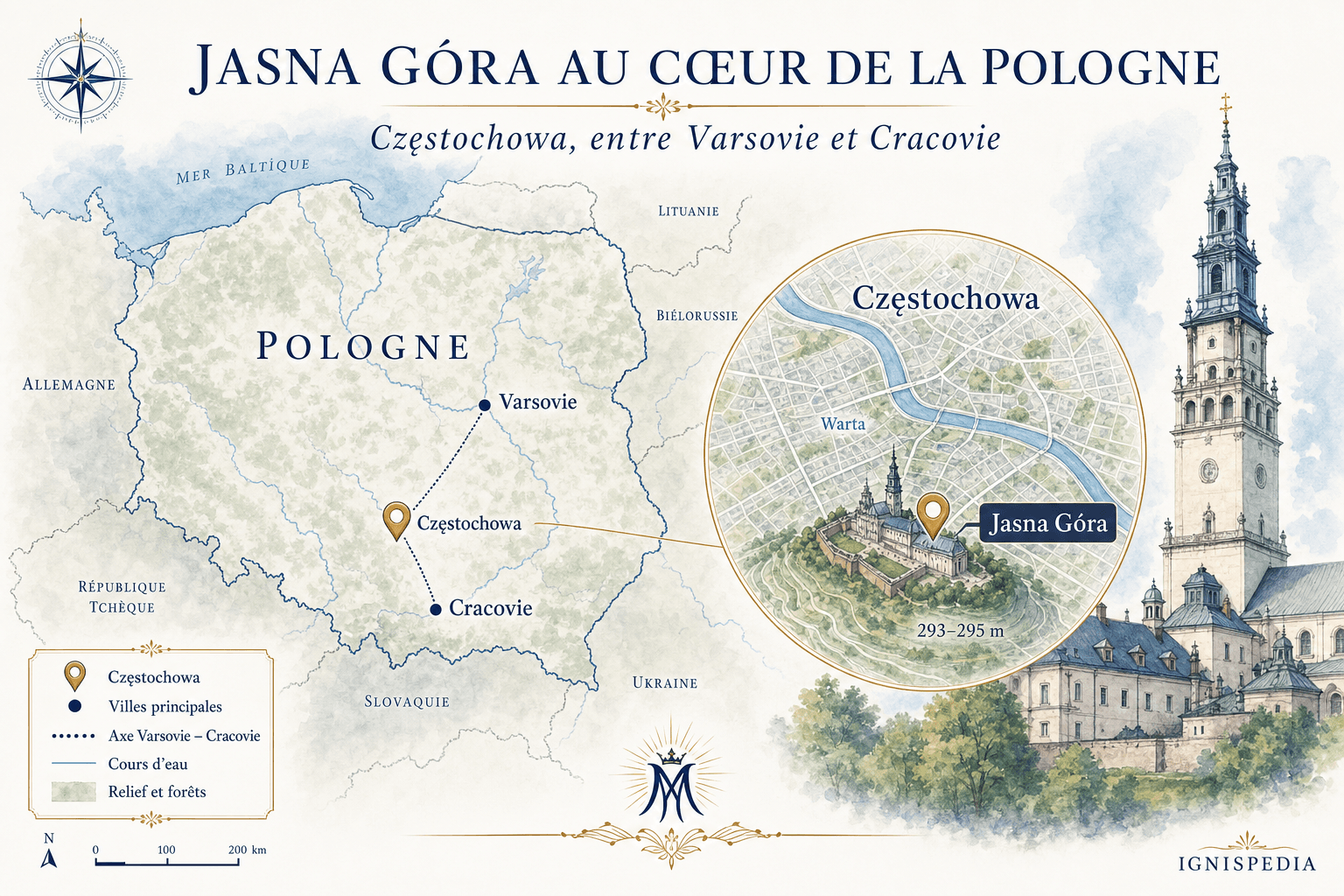 Carte de la Pologne situant Częstochowa et Jasna Góra entre Varsovie et Cracovie