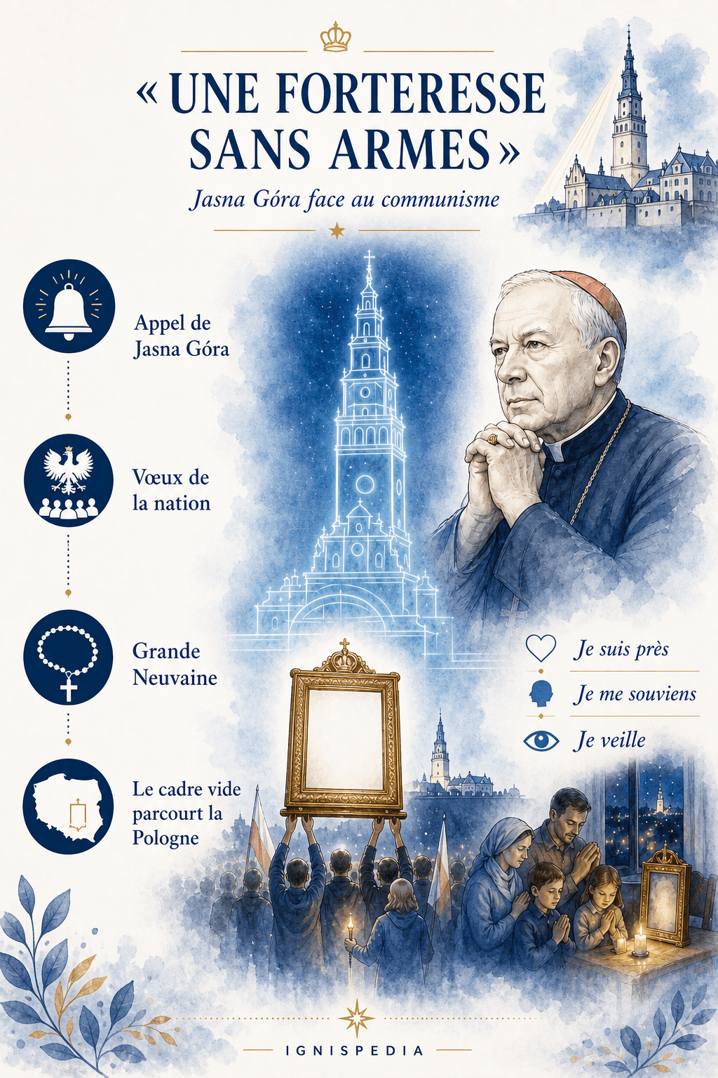 Le cardinal Stefan Wyszyński, la tour de Jasna Góra et le cadre vide porté à travers la Pologne