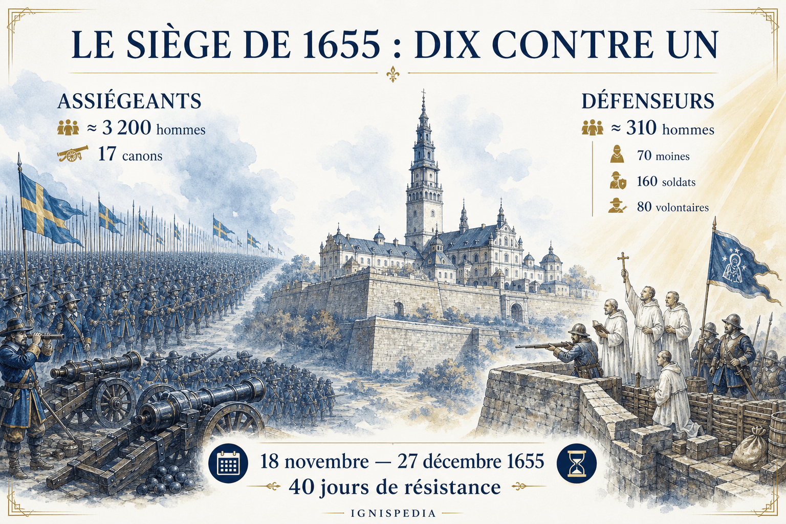 Comparaison illustrée des forces assiégeantes et des défenseurs de Jasna Góra en 1655